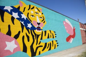 Michela Picchi’s mural in progress on W. 28th Street and Detroit Avenue.