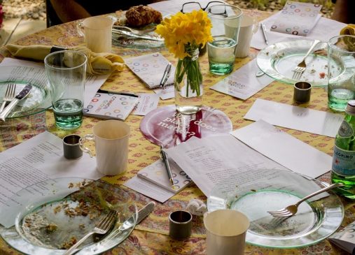 A table with dishes left over from a Common Ground meal